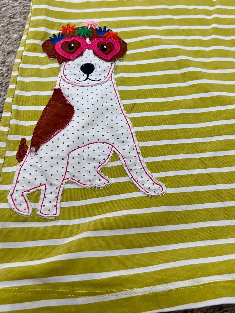 Kids Striped Lime Green & White Dress with Puppy Applique Size 7